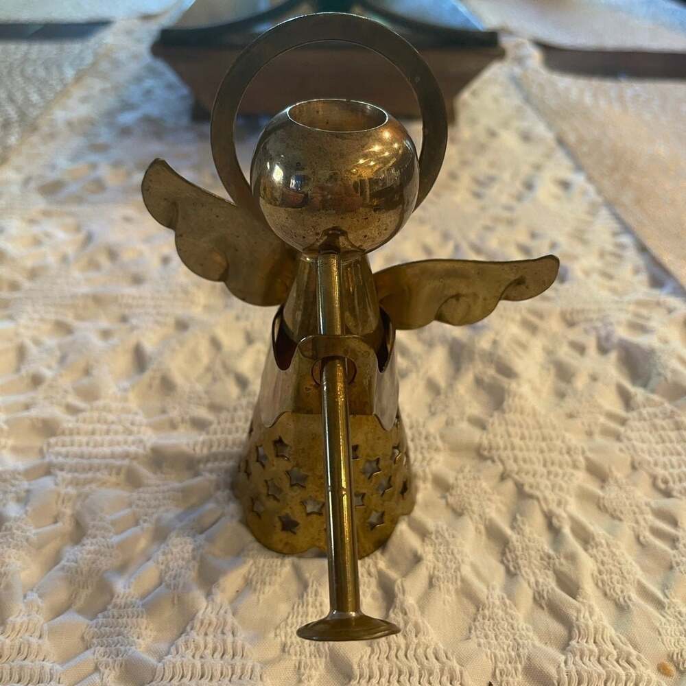 Vintage Brass horn blowing angel candle holder 4”